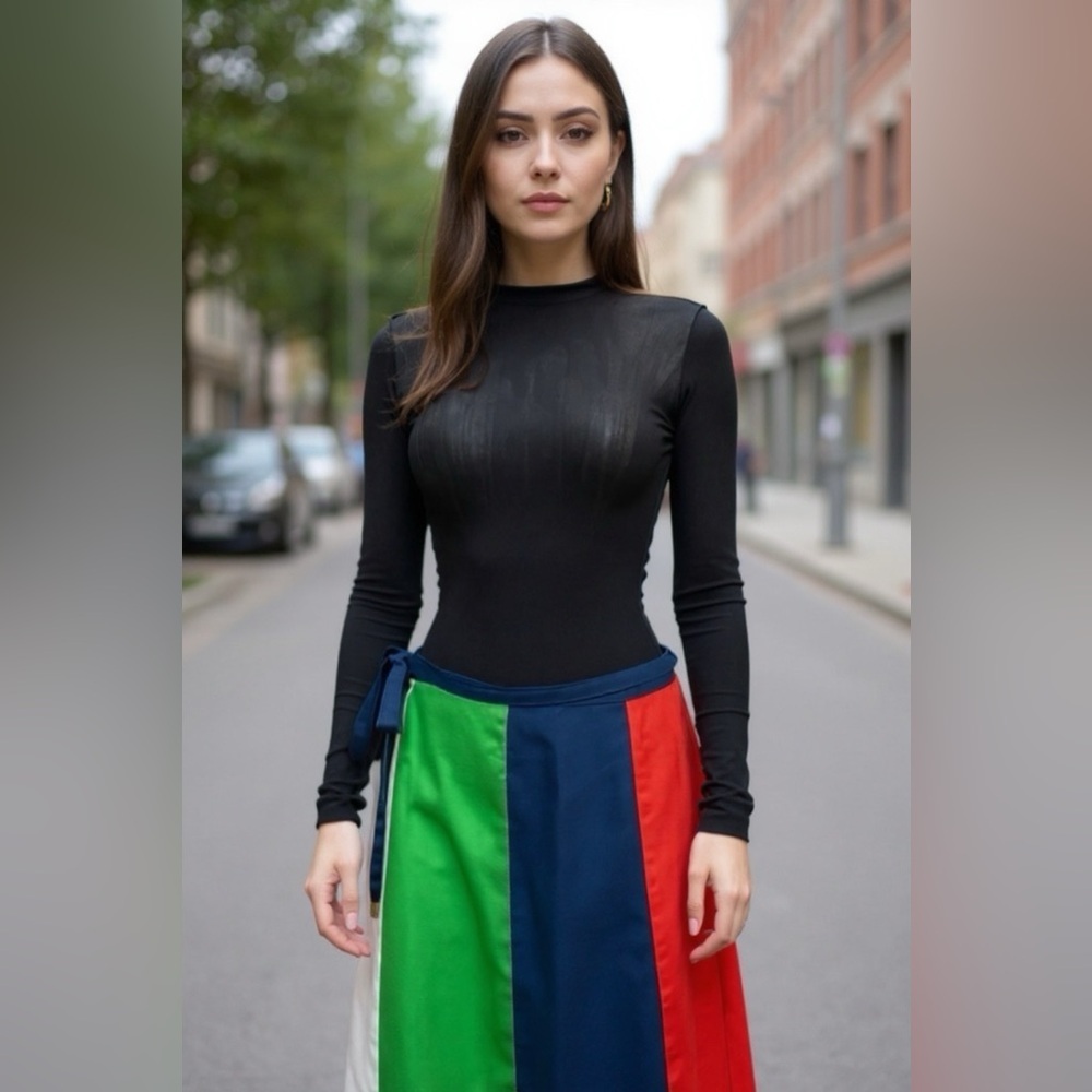 Vintage Blue,Green, Red & White Wrap Color Block Skirt